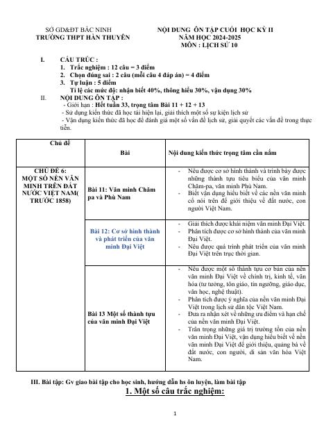 Đề cương ôn tập Học kì 2 Lịch sử 10 năm 2024–2025 trường THPT Hàn Thuyên (Bắc Ninh)